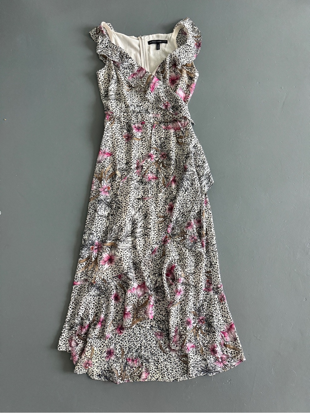 White House Black Market Pink and White Floral Ruffle V-Neck Maxi Dress